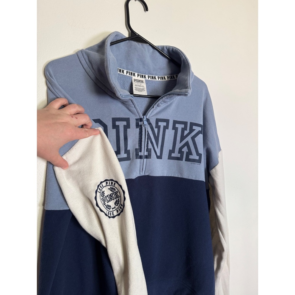 Pink Victoria's Secret Quarter Zip Pullover Sweatshirt Blue Colorblock Large - Picture 2 of 4